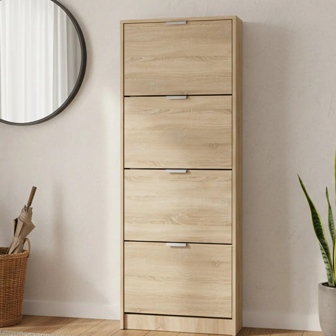 Scarpiera Marrone Rovere Chiaro un Ripiano 4 Ante 58x18x155.5h cm, kit Fissaggio a Muro Incluso - Pesche