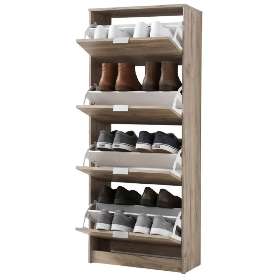 Scarpiera Marrone Rovere Grigio 8 Ripiani 4 Ante 67x28x155.5h cm, Maniglie Incluse - Santina