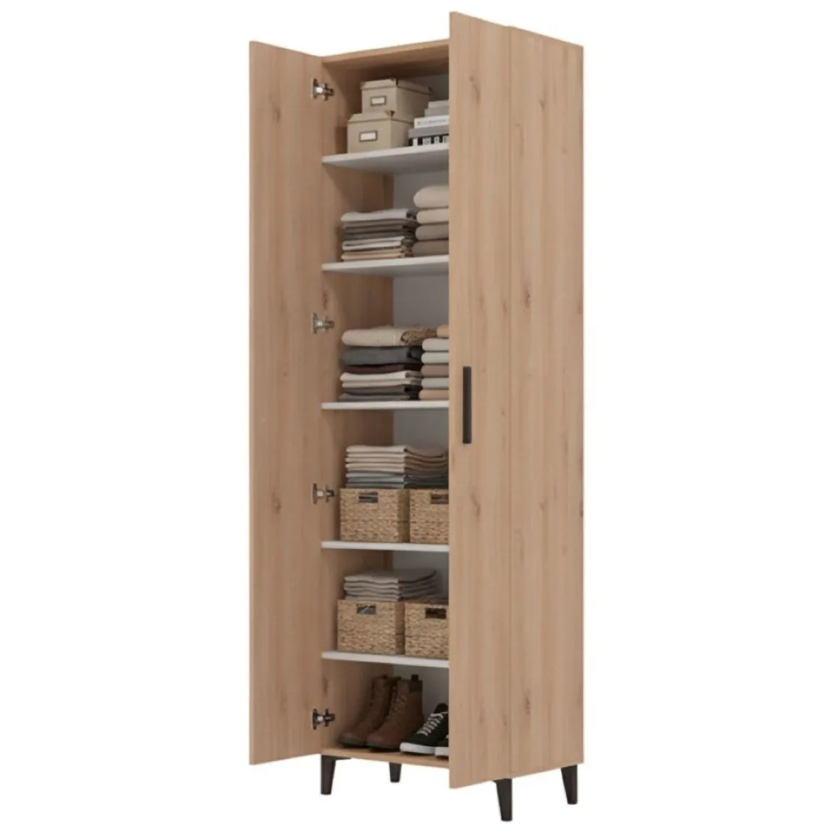 Scarpiera Marrone Rovere Nero 5 Ripiani 2 Ante 67.5x35x195h cm, kit Fissaggio a Muro Incluso - Ciminna