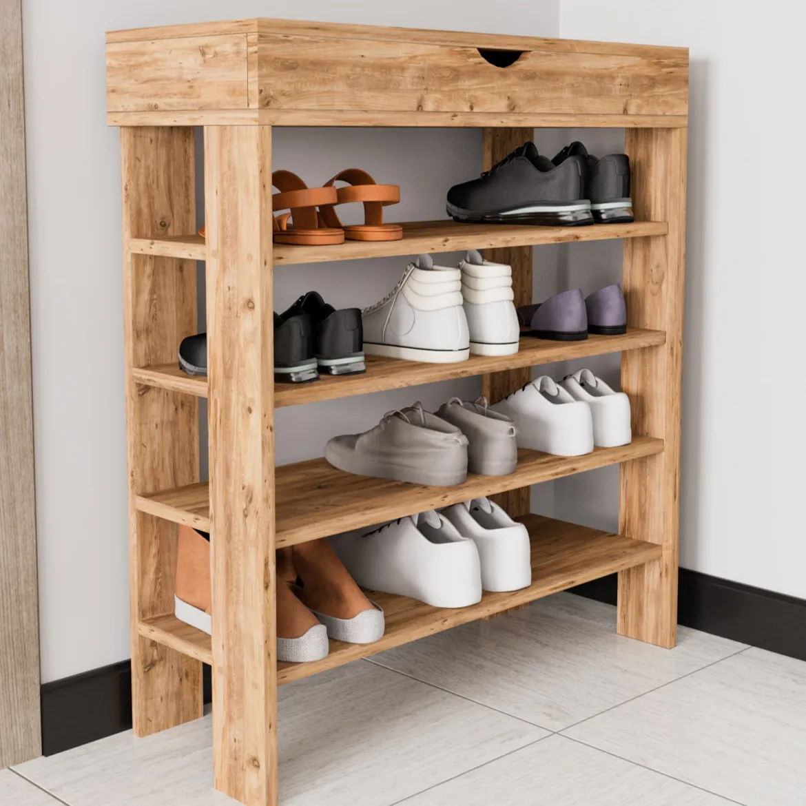 Scarpiera Marrone Rovere Nodi 6 Ripiani 2 Ante 60x33x191.5h cm, Maniglie Incluse - Delizia