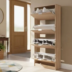 Scarpiera Marrone Rovere 8 Ripiani 4 Ante 67x28x155.5h cm, Maniglie Incluse - Santina