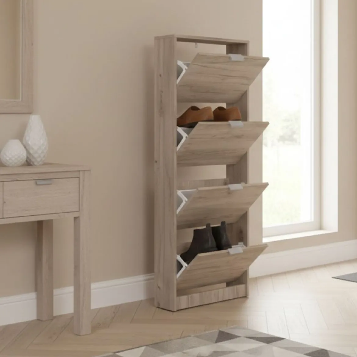 Scarpiera Marrone Rovere Scuro un Ripiano 4 Ante 58x18x155.5h cm, kit Fissaggio a Muro Incluso - Pesche