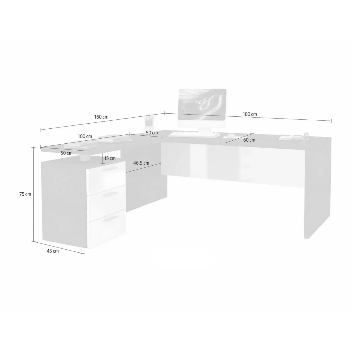 Scrivania angolare ardesia e bianca lucida 180x60cm con 3 cassetti - Ascuby