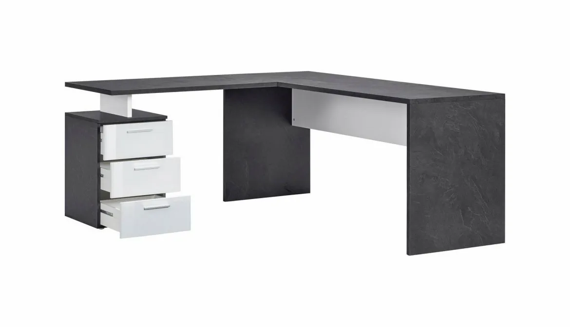 Scrivania angolare ardesia e bianca lucida 180x60cm con 3 cassetti - Ascuby
