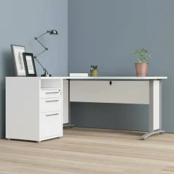 Scrivania angolare bianca e grigia 159x150cm con 3 cassetti - Alfango
