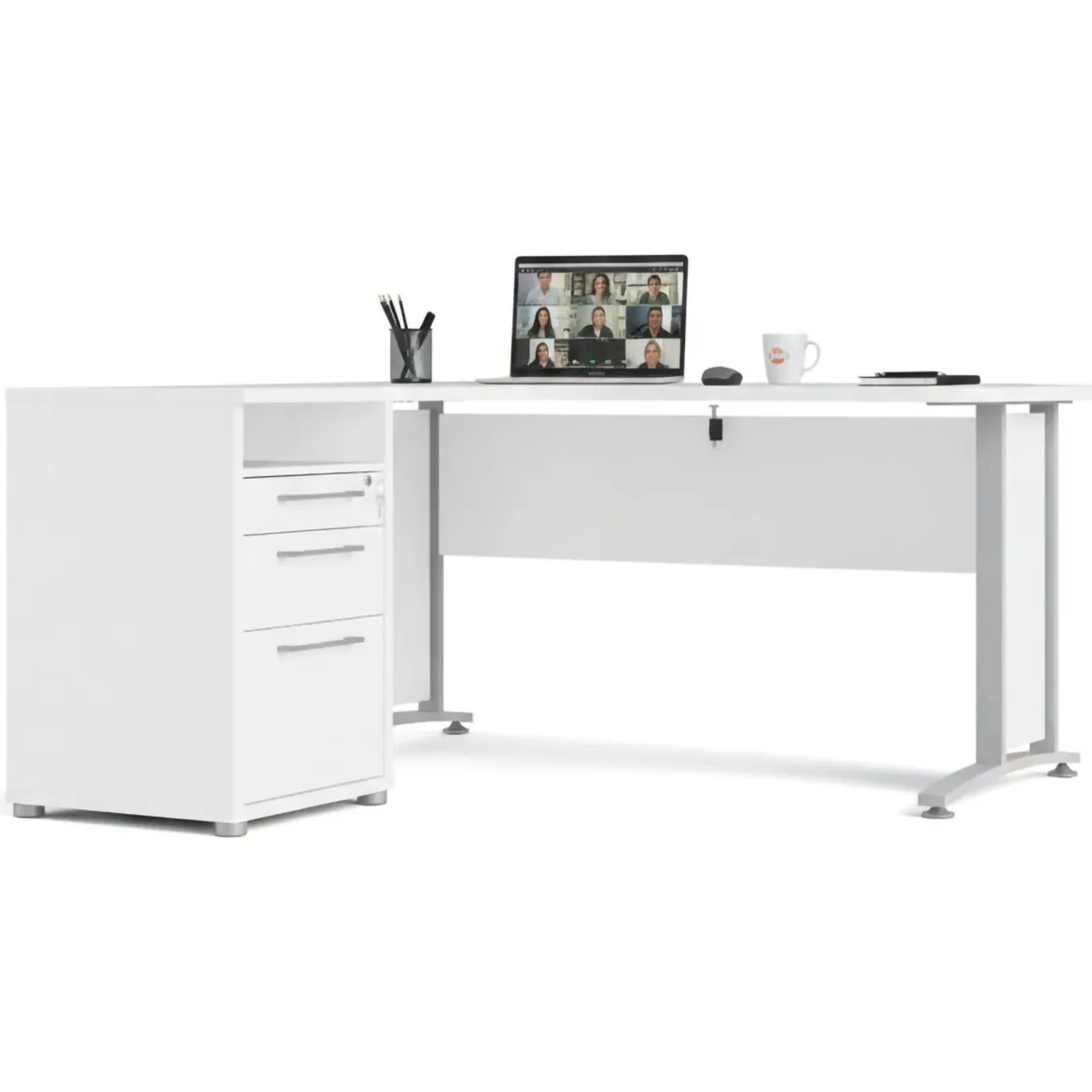 Scrivania angolare bianca e grigia 159x150cm con 3 cassetti - Alfango