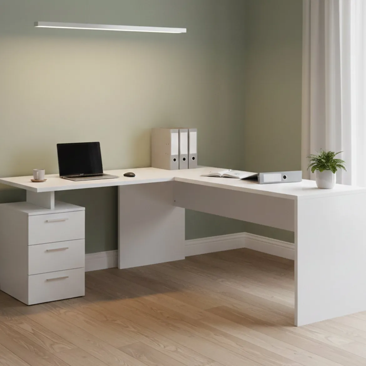 Scrivania angolare bianca lucida e legno 139x92cm con 1 cassetto - Andor