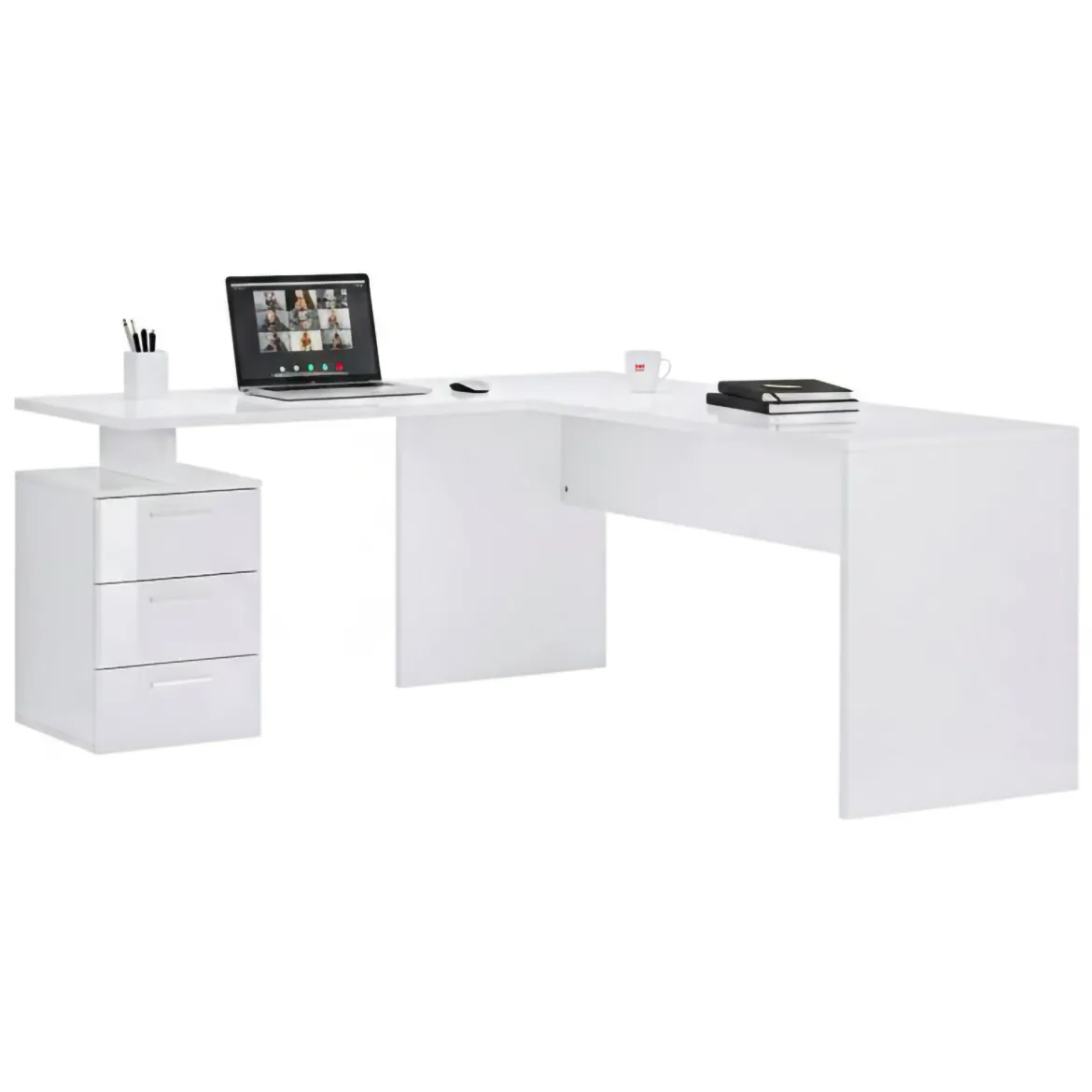 Scrivania angolare bianca lucida e legno 139x92cm con 1 cassetto - Andor