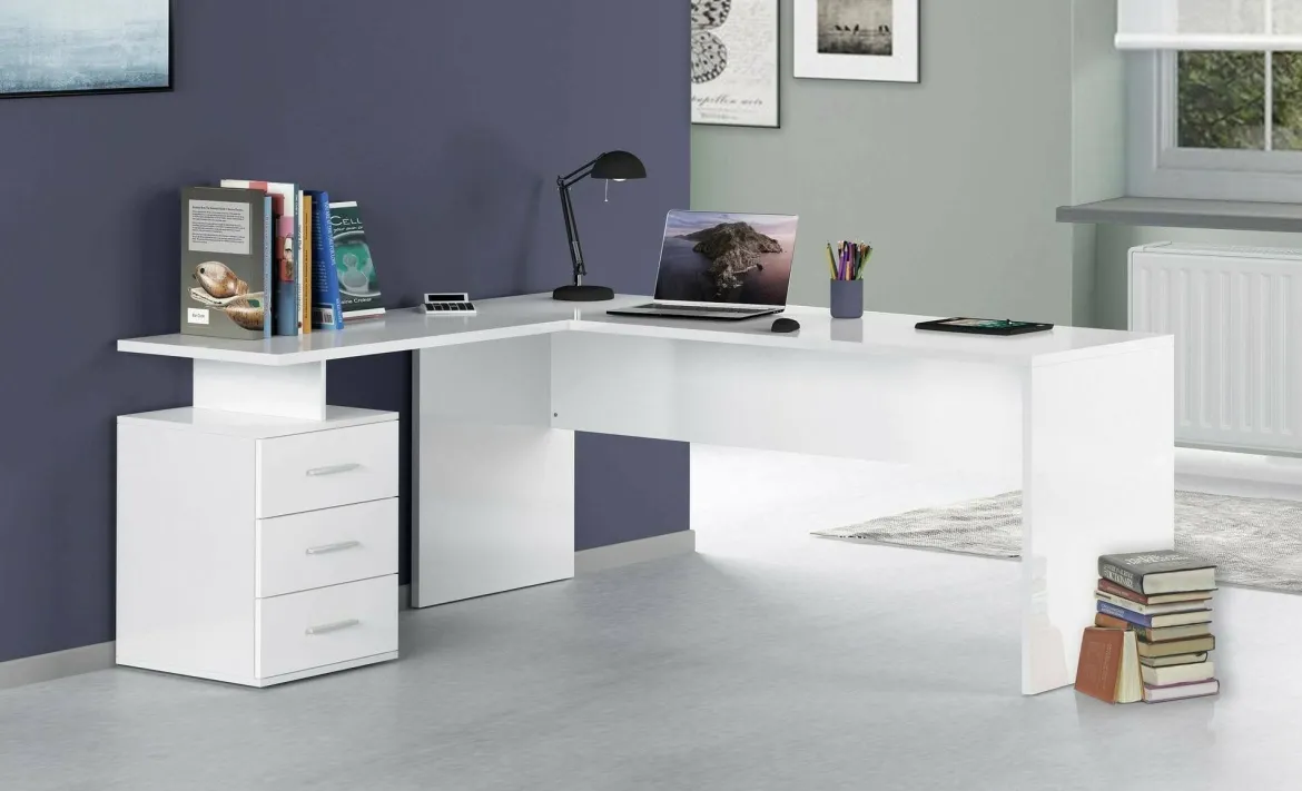 Scrivania angolare bianca lucida e legno 139x92cm con 1 cassetto - Andor