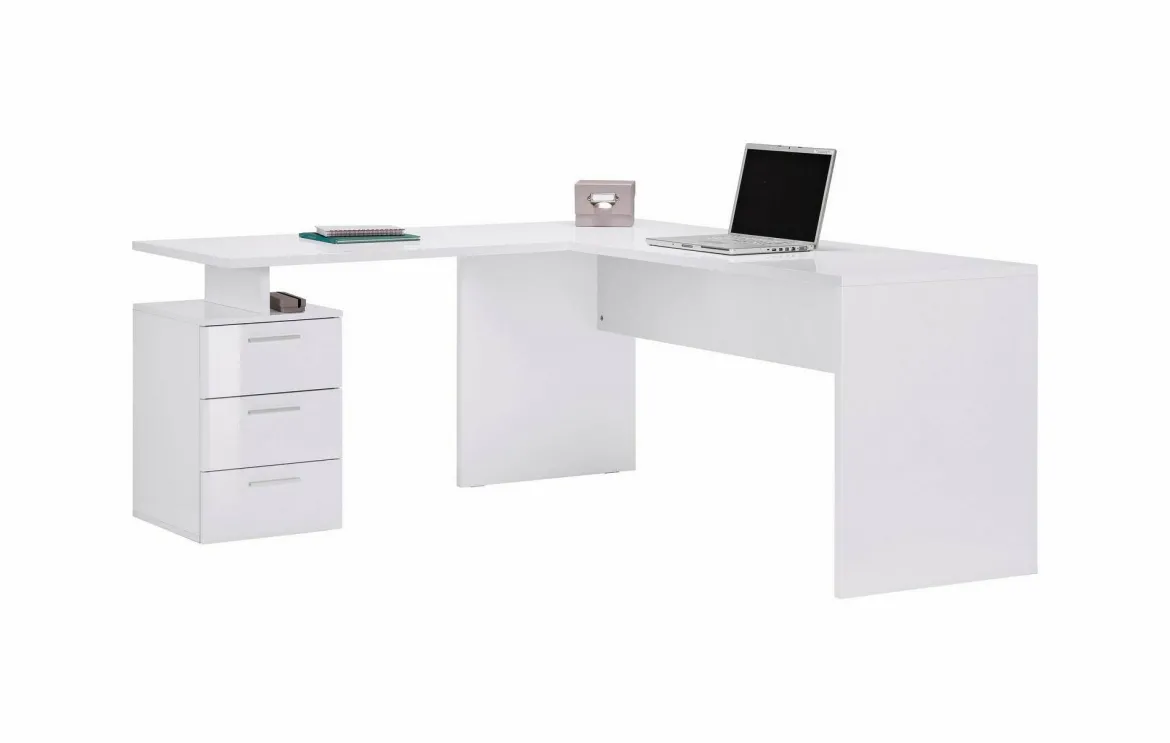 Scrivania angolare bianca lucida e legno 139x92cm con 1 cassetto - Andor