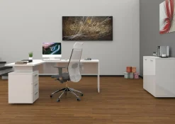 Scrivania angolare bianca lucida e legno 139x92cm con 1 cassetto - Andor