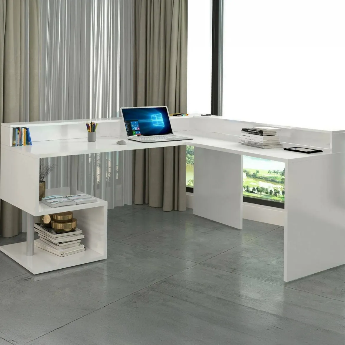 Scrivania angolare bianca 180x93cm con supporto computer - Adelma