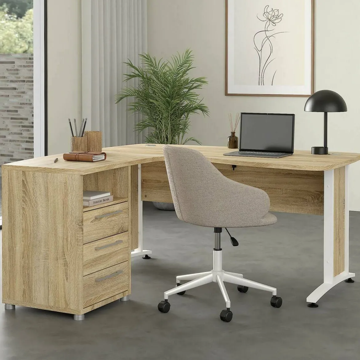 Scrivania angolare quercia e bianca 230x200cm con 4 cassetti - Megh