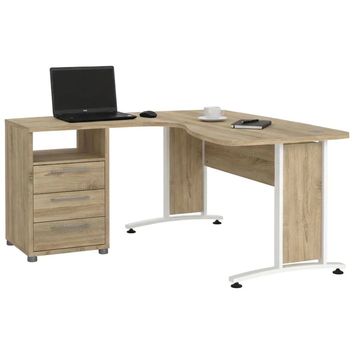 Scrivania angolare quercia e bianca 230x200cm con 4 cassetti - Megh