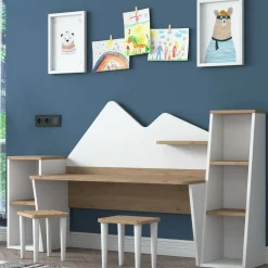 Scrivania bianca e noce 180x45cm - Set tavolo e sedie Dionisia