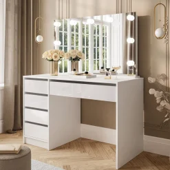 Scrivania Bianco Bianco Lucido 4 Cassetti Modulabile 120x55x143h cm, Fori Passacavi - Lusiana