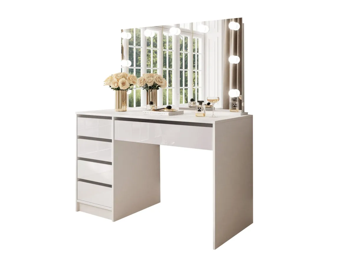 Scrivania Bianco Bianco Lucido 4 Cassetti Modulabile 120x55x143h cm, Fori Passacavi - Lusiana