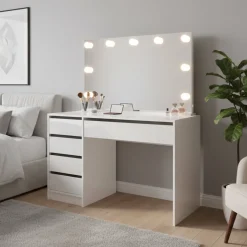 Scrivania Bianco Bianco Lucido 4 Cassetti Modulabile 120x55x143h cm, Fori Passacavi - Lusiana