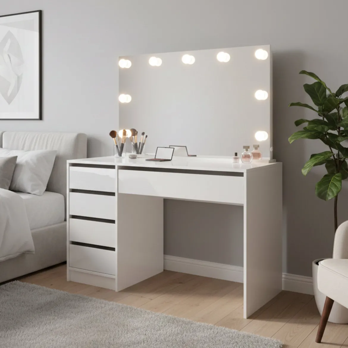 Scrivania Bianco Bianco Lucido 4 Cassetti Modulabile 120x55x143h cm, Fori Passacavi - Lusiana