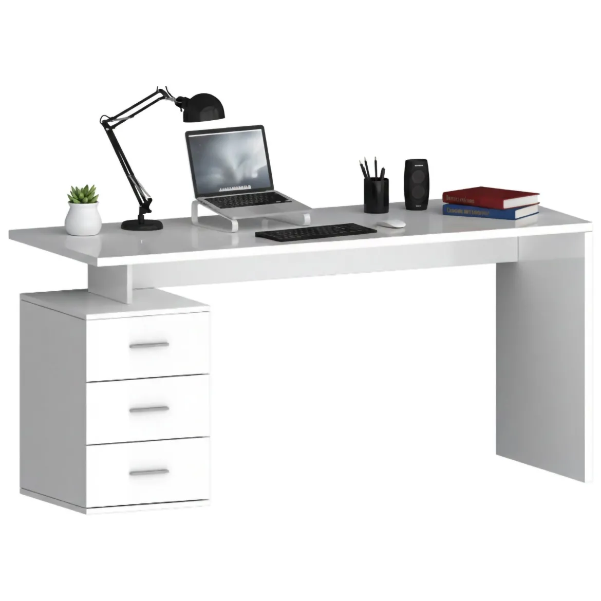 Scrivania Bianco Lucido Modulabile 3 Cassetti 160x60x75h cm, Ripiani - Abisse