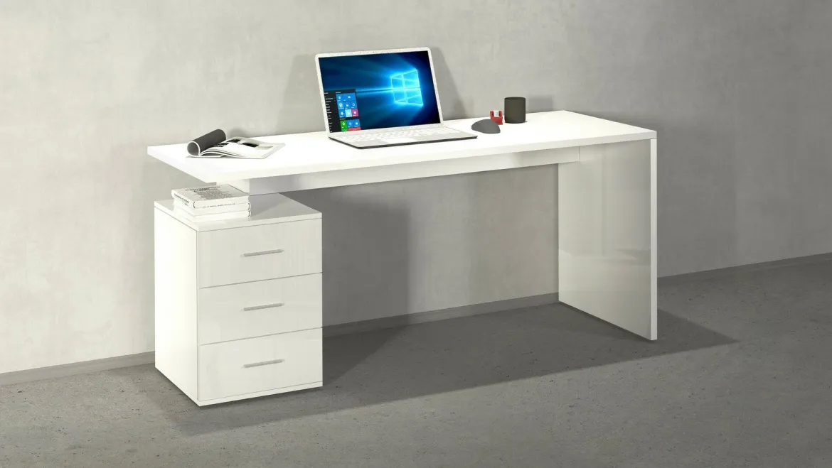 Scrivania Bianco Lucido Modulabile 3 Cassetti 160x60x75h cm, Ripiani - Abisse