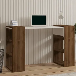 Scrivania Bianco Marrone Noce 6 Ripiani 2 Ante 146x60x74h cm, 6 Vani - Loria