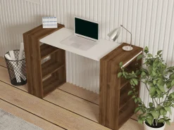 Scrivania Bianco Marrone Noce 5 Ripiani 6 Vani 124x44x75h cm, con Libreria - Furore