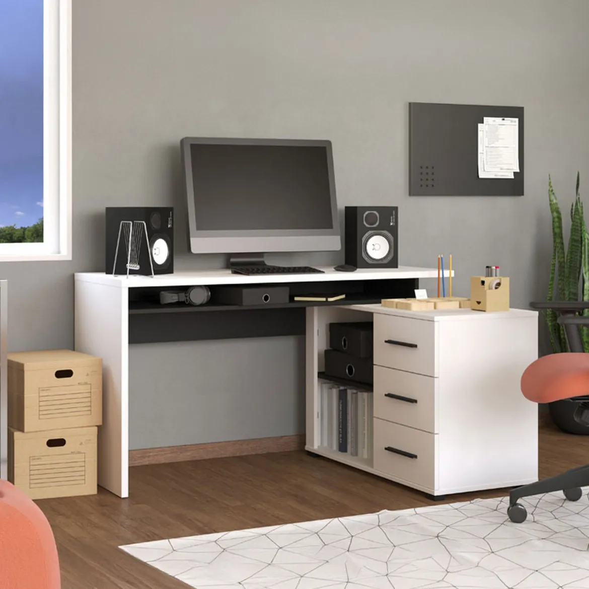 Scrivania Bianco Opaco Nero Angolare 3 Ripiani 137.5x101.5x75h cm, 3 Cassetti - Sapri