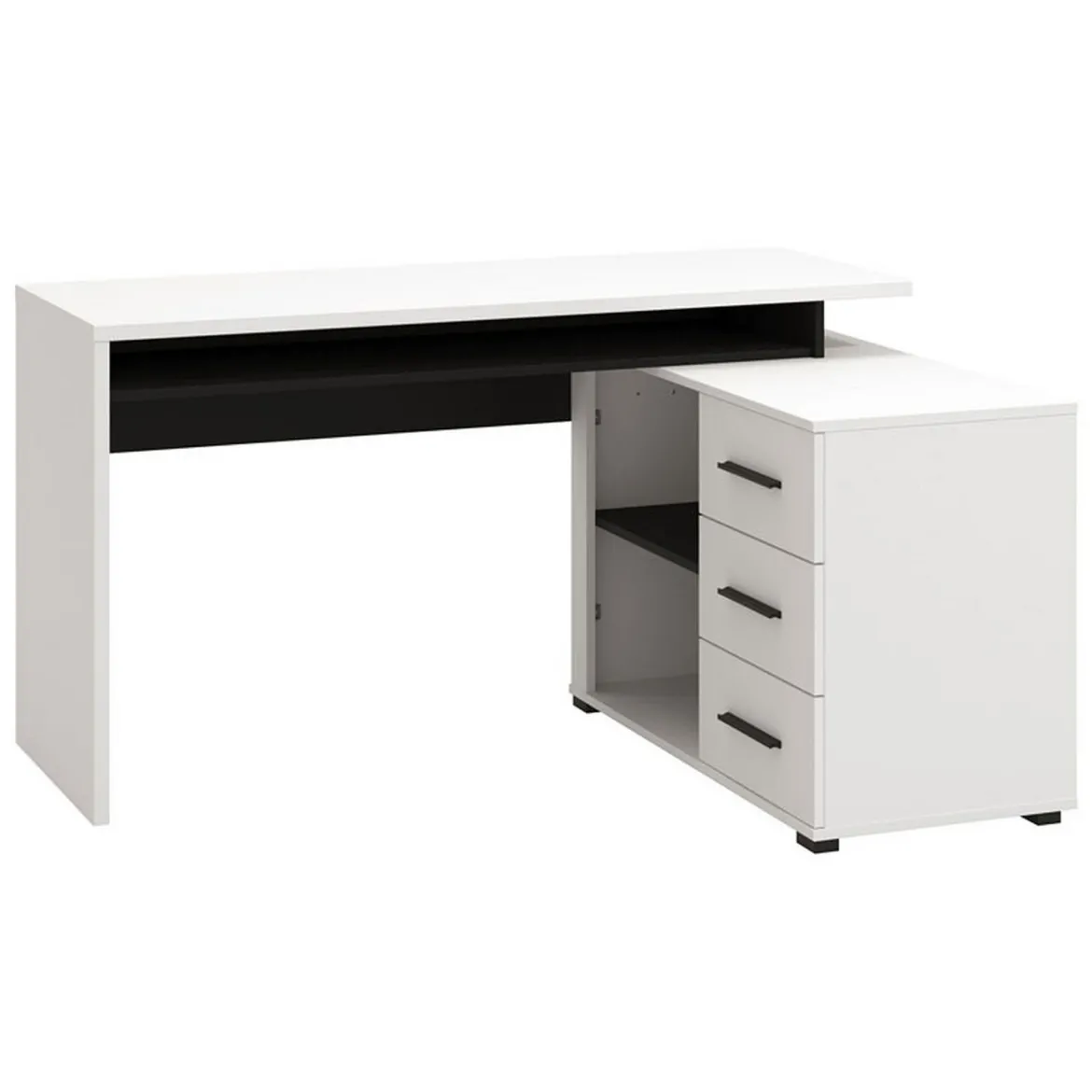 Scrivania Bianco Opaco Nero Angolare 3 Ripiani 137.5x101.5x75h cm, 3 Cassetti - Sapri