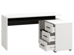 Scrivania Bianco Opaco Nero Angolare 3 Ripiani 137.5x101.5x75h cm, 3 Cassetti - Sapri