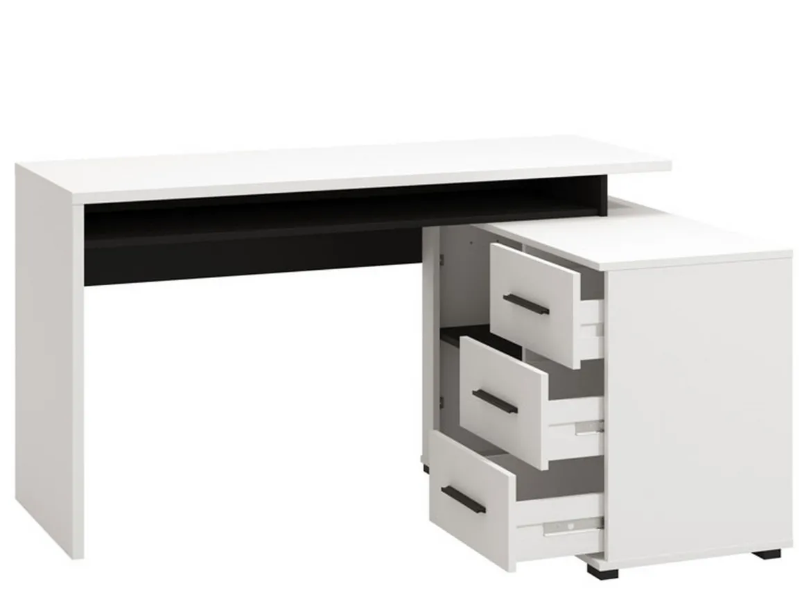 Scrivania Bianco Opaco Nero Angolare 3 Ripiani 137.5x101.5x75h cm, 3 Cassetti - Sapri
