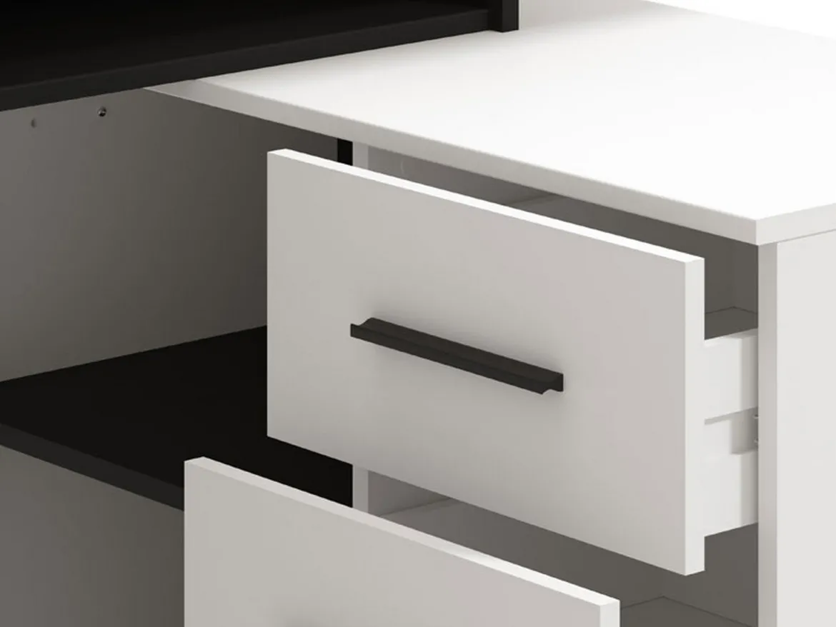 Scrivania Bianco Opaco Nero Angolare 3 Ripiani 137.5x101.5x75h cm, 3 Cassetti - Sapri