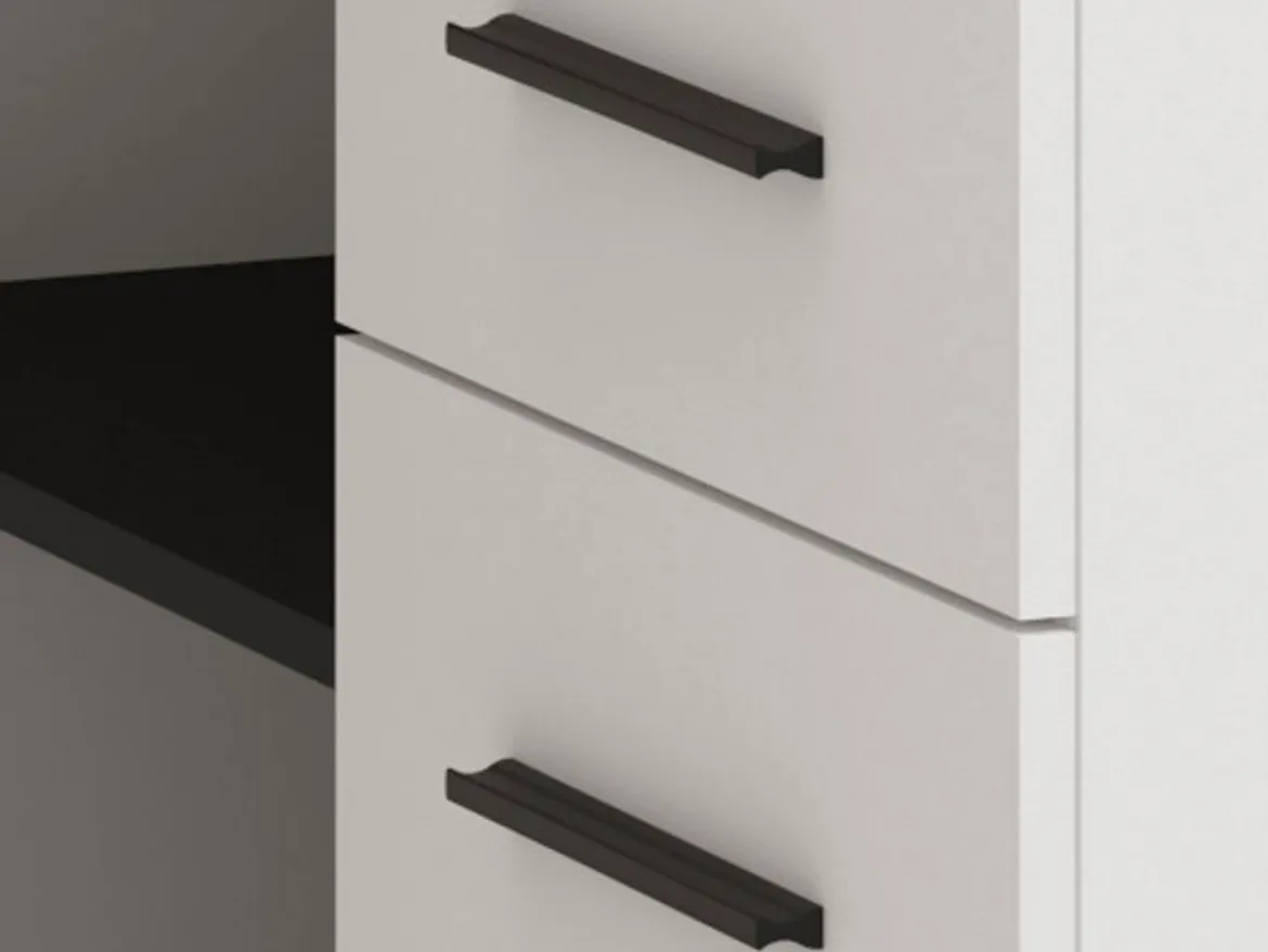 Scrivania Bianco Opaco Nero Angolare 3 Ripiani 137.5x101.5x75h cm, 3 Cassetti - Sapri