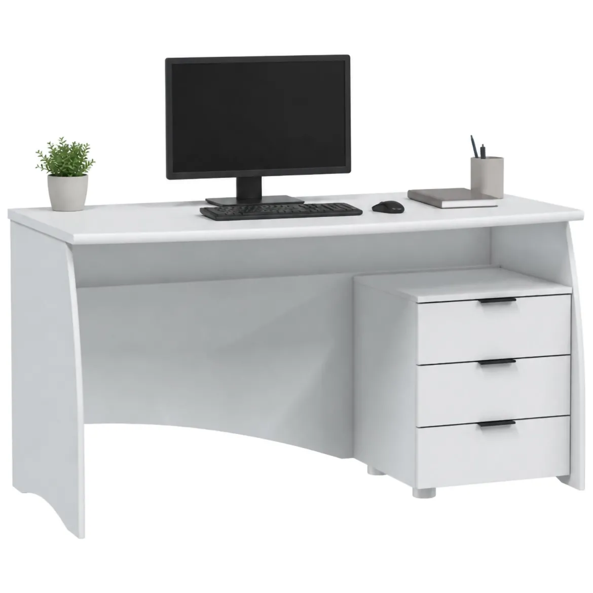 Scrivania Bianco Opaco Nero 3 Cassetti un Ripiano 136x67x72h cm, Sfumatura Colore Struttura Opaco - Azziz