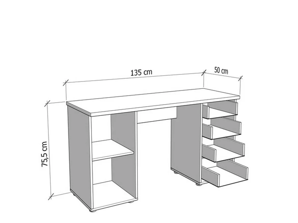 Scrivania Bianco 2 Ripiani 4 Cassetti 135x50x75.5h cm, 2 Vani - Flaminio