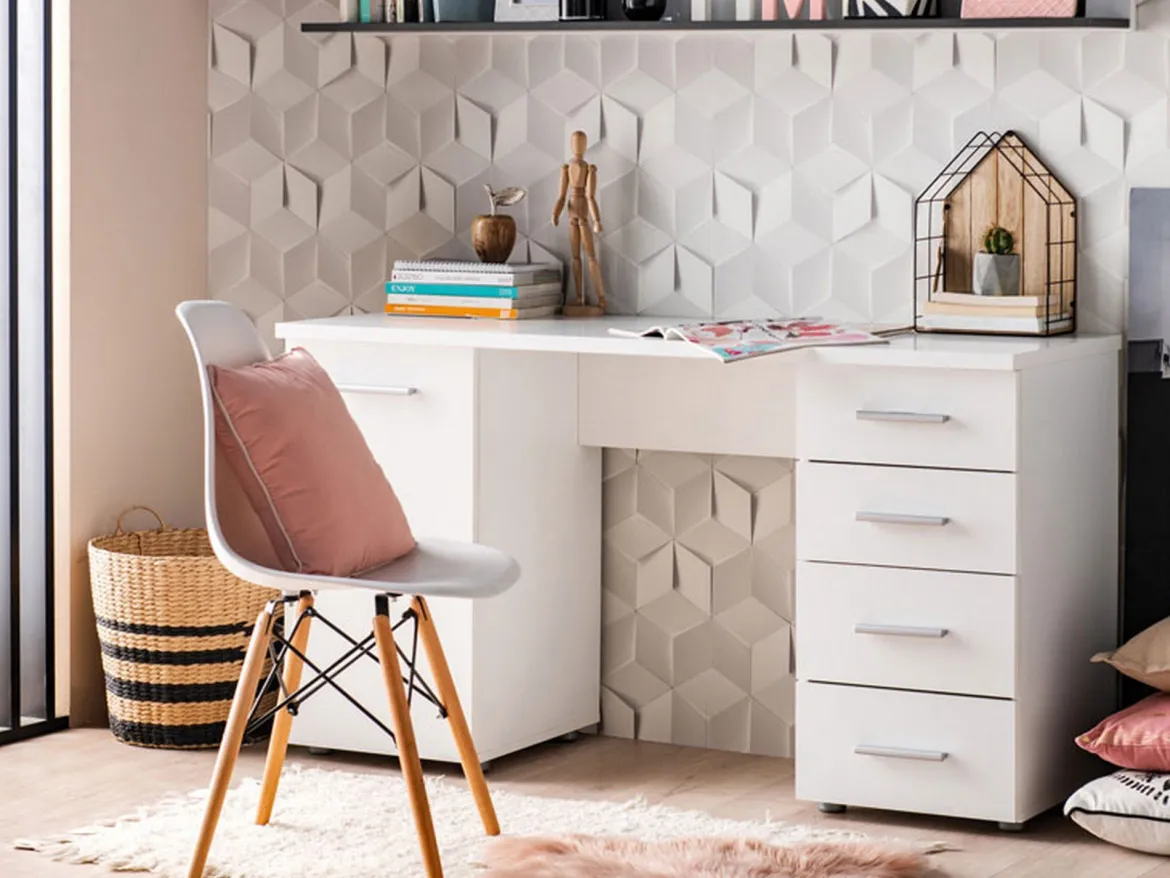 Scrivania Bianco 2 Ripiani 4 Cassetti 135x50x75.5h cm, 2 Vani - Flaminio