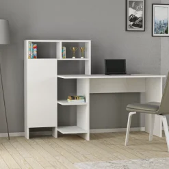 Scrivania Bianco 6 Ripiani Un'anta 136x60x112h cm, 7 Vani - Cremella