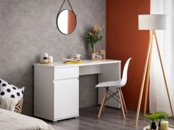 Scrivania Bianco un Cassetto un Ripiano 130x50x75.5h cm, Un'anta - Cambio
