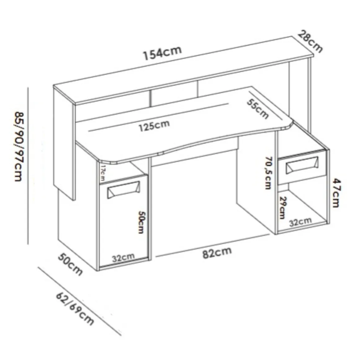 Scrivania lineare antracite 154x69cm con 1 cassetto - Albertino