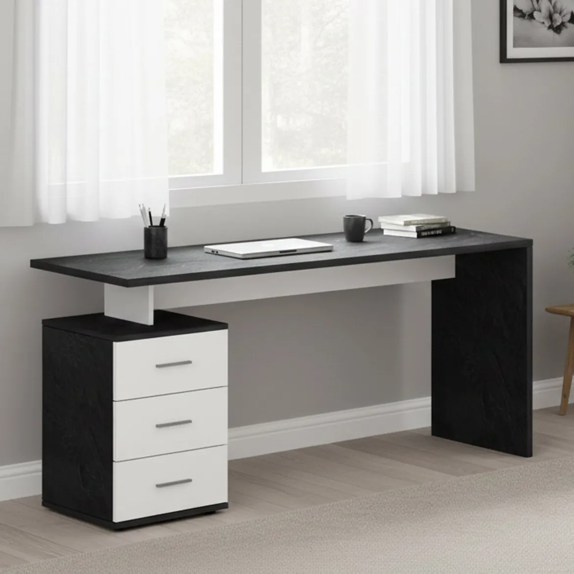Scrivania lineare ardesia 160x90cm con 3 cassetti - Bardi