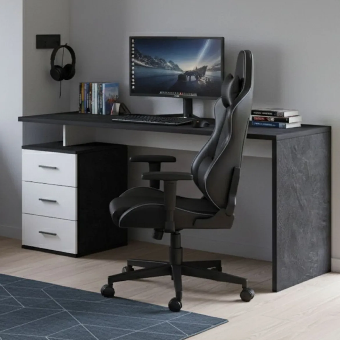 Scrivania lineare ardesia 160x90cm con 3 cassetti - Bardi