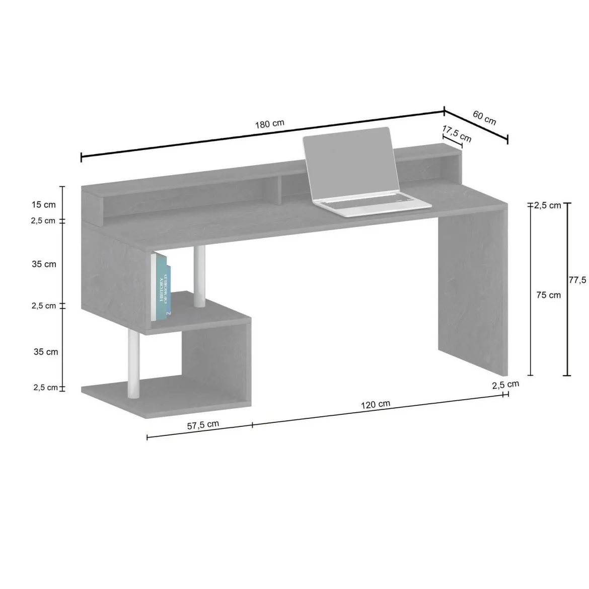 Scrivania lineare ardesia 180x60cm con supporto computer - Arre