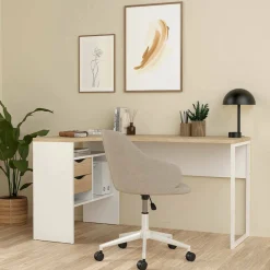 Scrivania lineare bianca e rovere 80x40cm con 1 cassetto - Adri