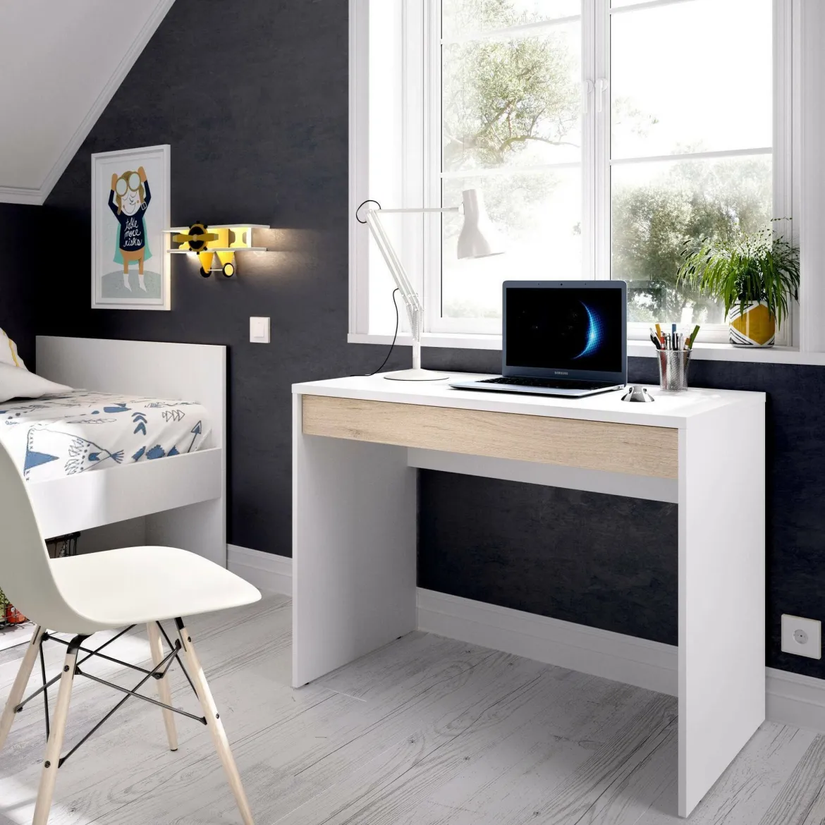 Scrivania lineare bianca e rovere 89x49cm con 1 cassetto - Affiniti
