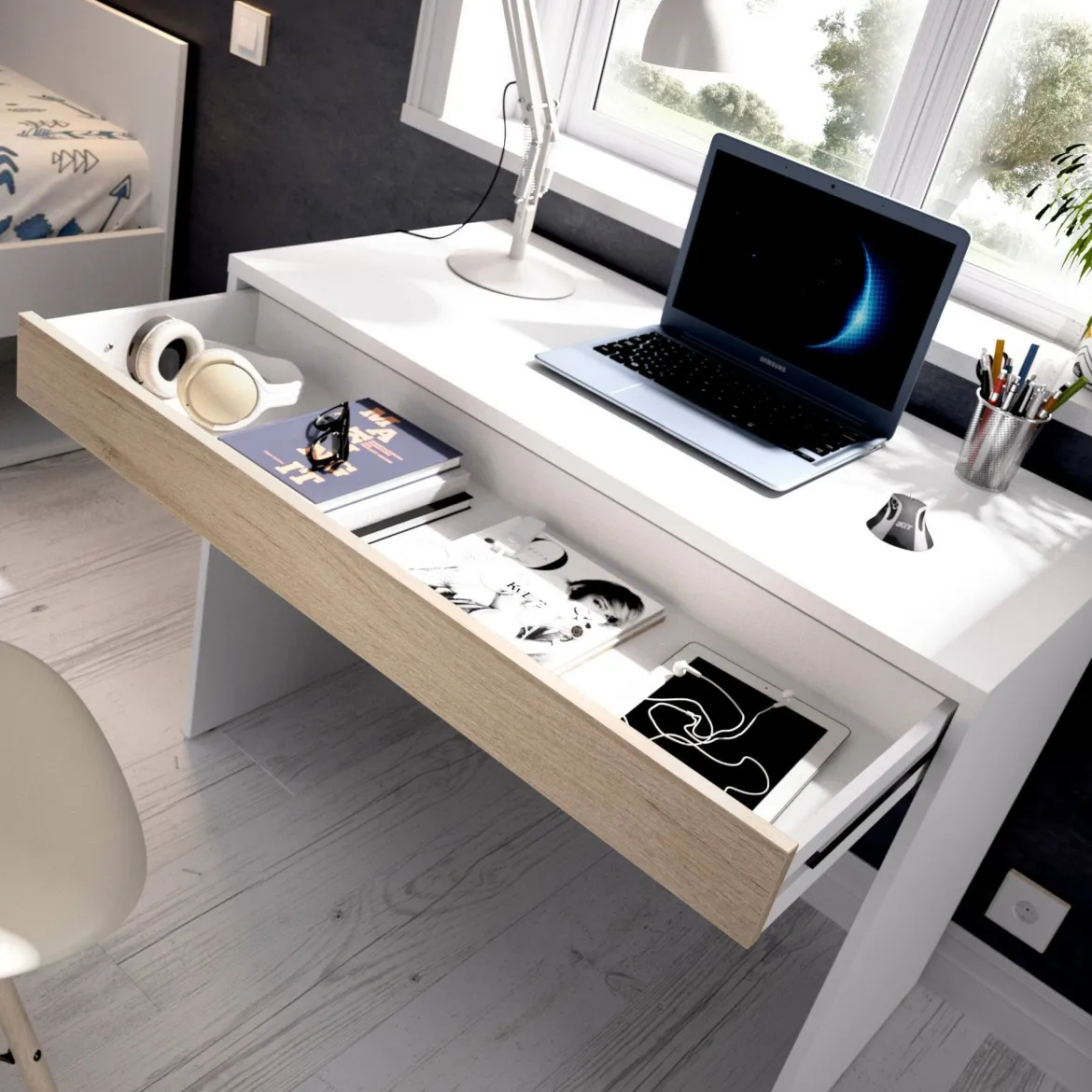 Scrivania lineare bianca e rovere 89x49cm con 1 cassetto - Affiniti
