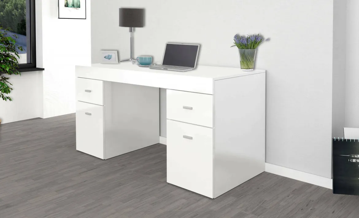 Scrivania lineare bianca lucida 139x60cm con 2 cassetti - Ardina