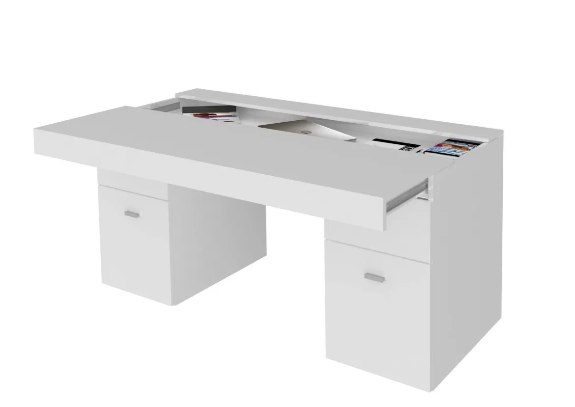 Scrivania lineare bianca lucida 139x60cm con 2 cassetti - Ardina