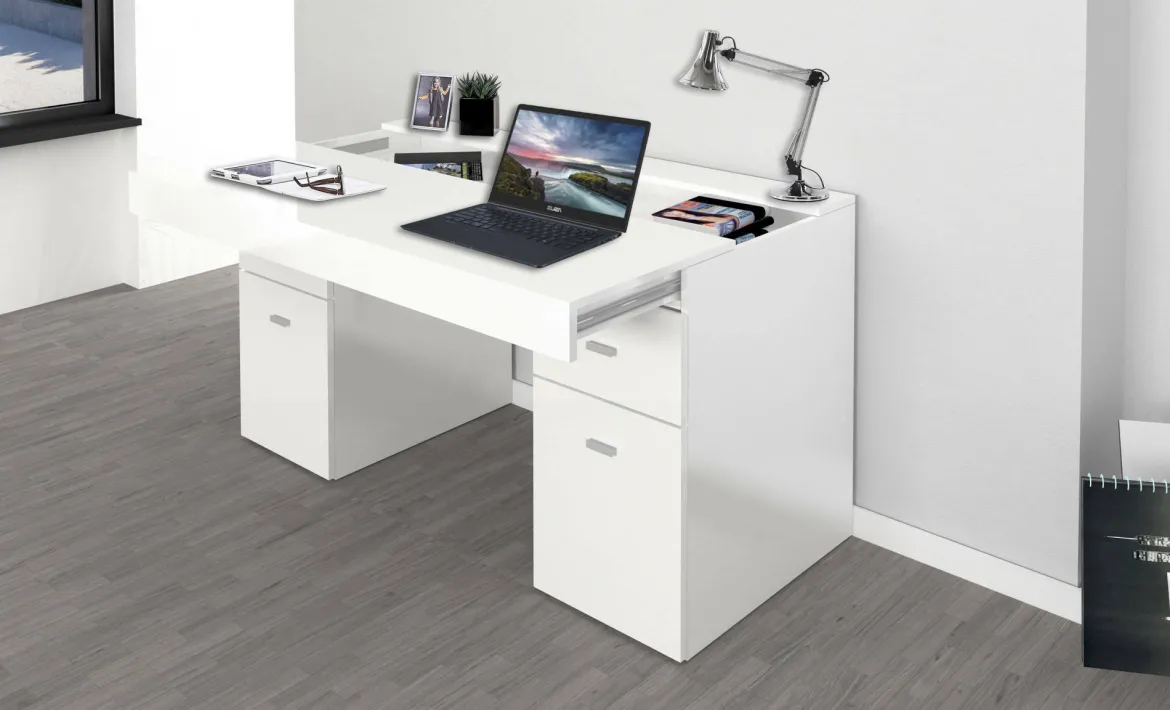 Scrivania lineare bianca lucida 139x60cm con 2 cassetti - Ardina