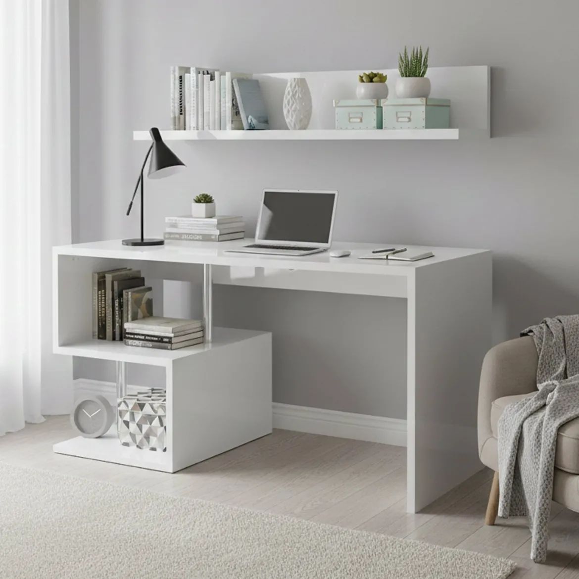 Scrivania lineare bianca lucida 149x48cm con 2 cassetti - Leepi