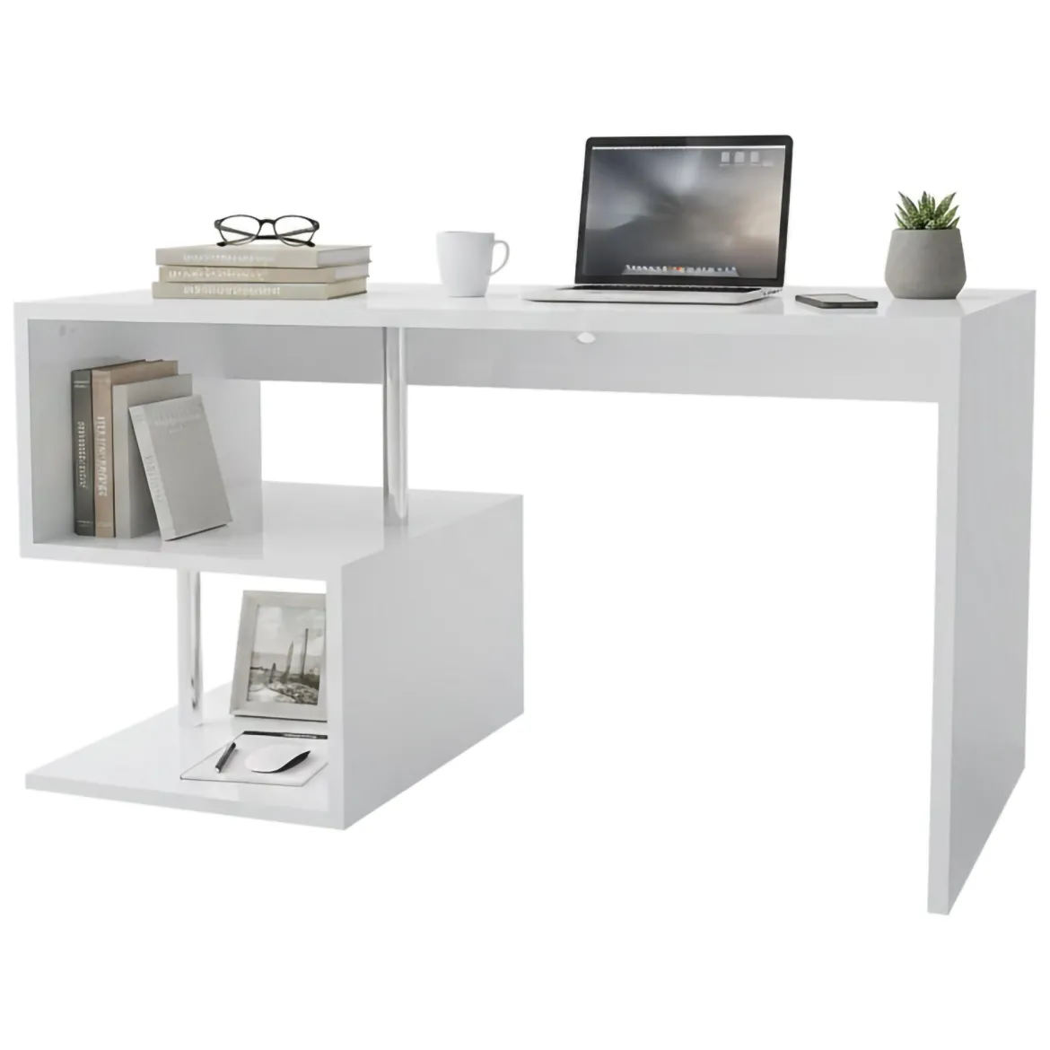 Scrivania lineare bianca lucida 149x48cm con 2 cassetti - Leepi